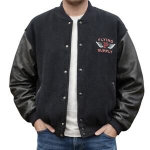 Vintage 80s Flying P Leather Sleeve Wool Bomber Jacket Men's XXL USA